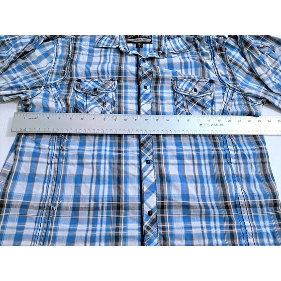 Buckle Black Label Shirt Mens XL Athletic Fit Plaid Raw Hem Studded Snap Button - Picture 7 of 9